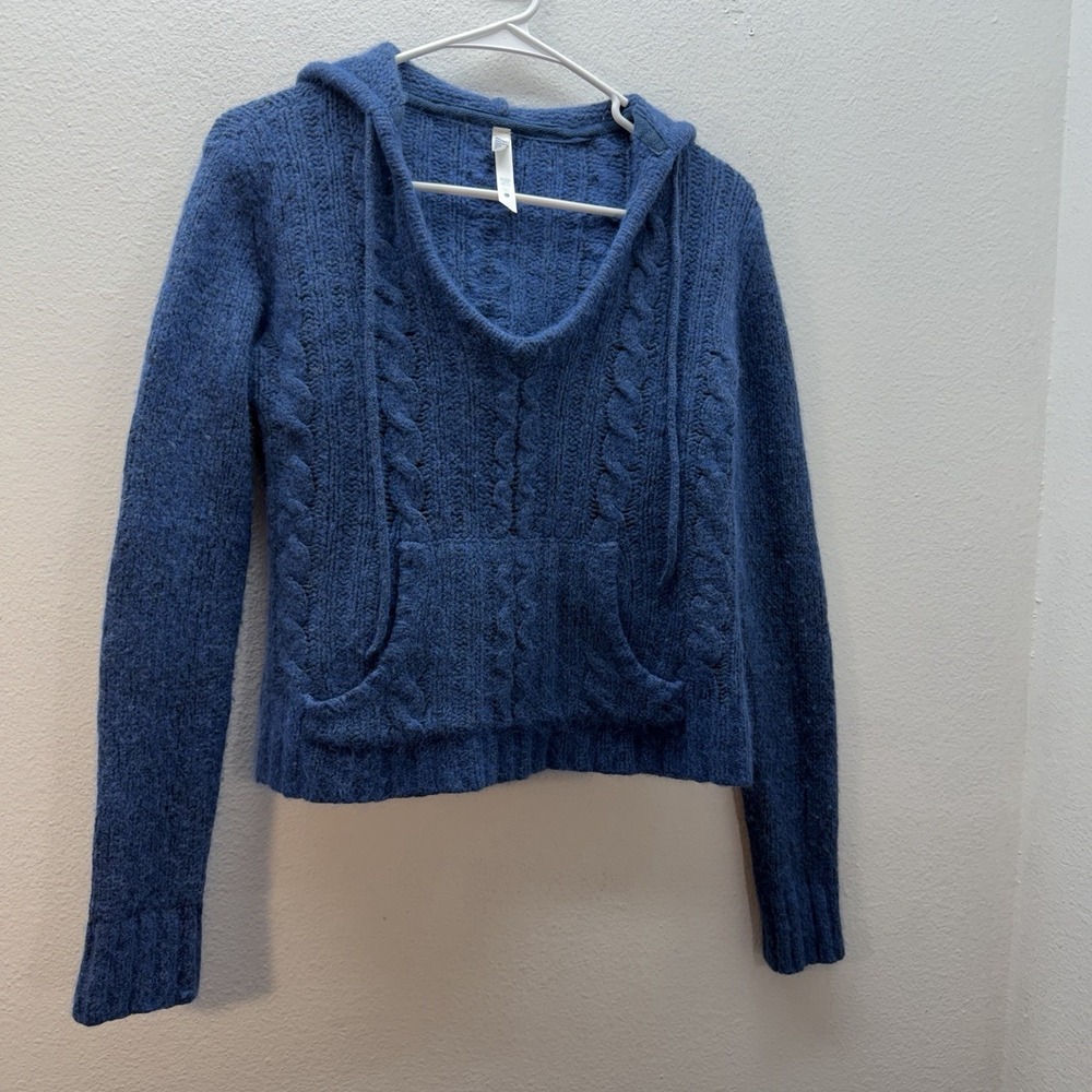 Lilu Angora Rabbit Hair Wool Blue Hooded Sweater L Chunky Cable Knit Crop Hoodie